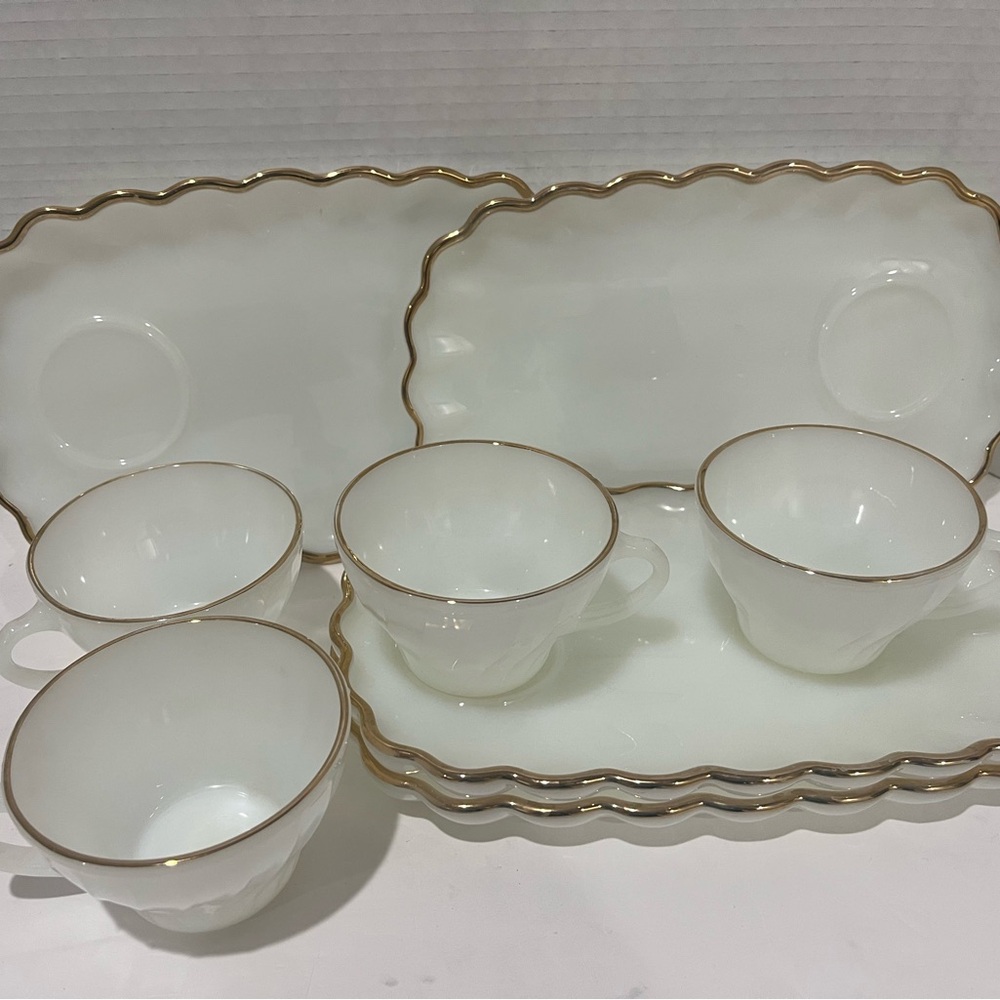 4 Sets Fire King ANCHOR HOCKING w/ Gold Trim Milk Glass Teacups & Snack Plate